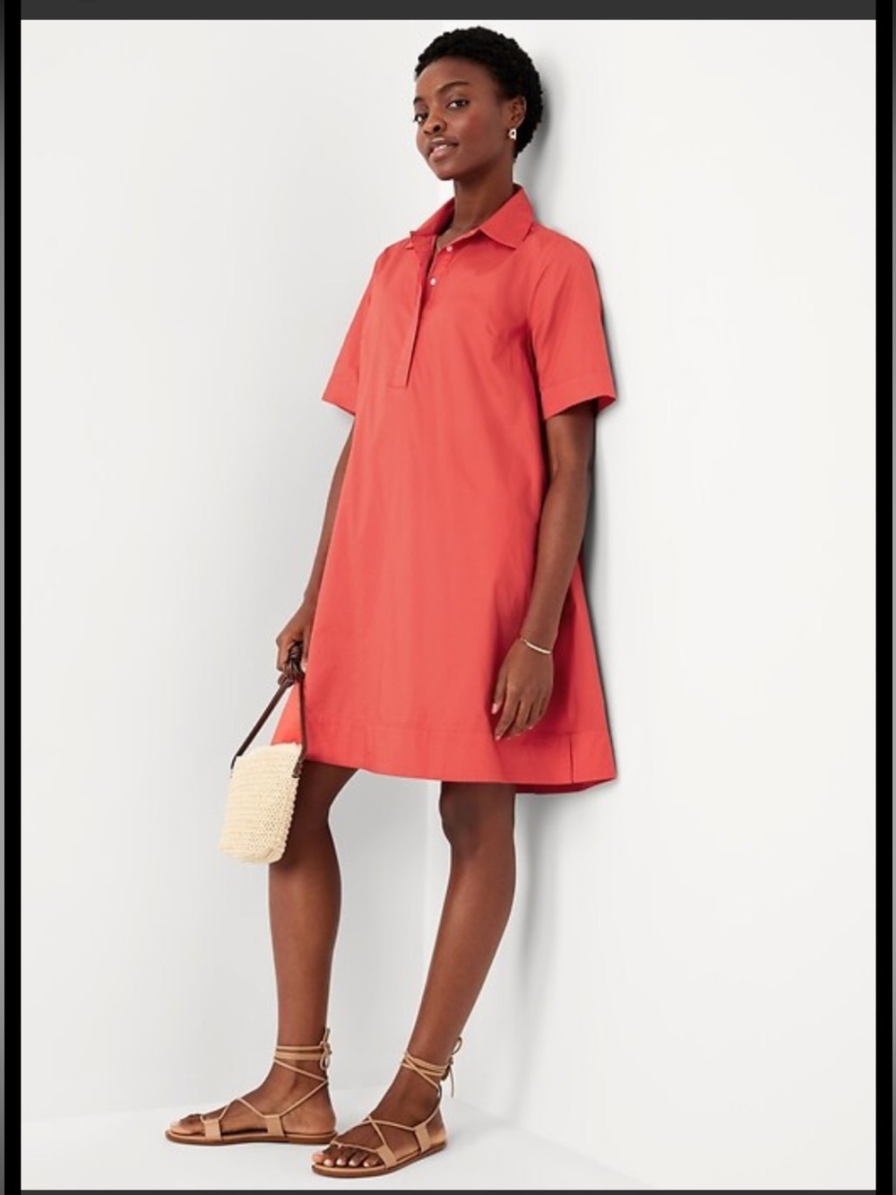 NWT Bright Coral Cotton Poplin Trapeze Shirt Dress with Pockets